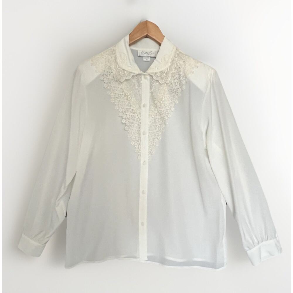 VTG Kathy Che Sheer Blouse Sz 14 Pearl Beaded Lace Shoulder Pads Romantic